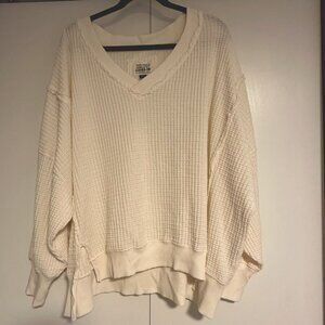 American Eagle Sweatshirt Women's Large Cream  Waffle Knit Lived-In Oversized